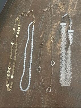 Necklaces pearl, heart, lace choker all gold
